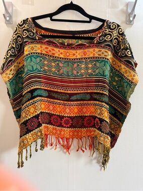 Boho Aztec Poncho Top Fringe Multicolor Oversized Festival Tunic Onesize Cotton